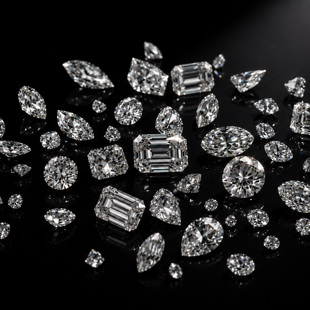 Collection of various cut diamonds on a black background
