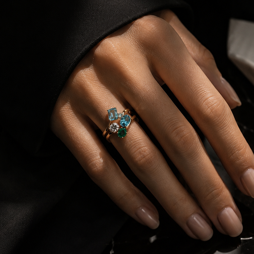 Hand wearing a ring with a green gemstone on a dark surface