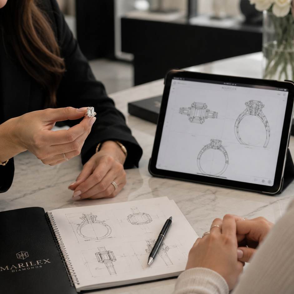 Two people discussing jewelry designs with a tablet and sketches on a table.