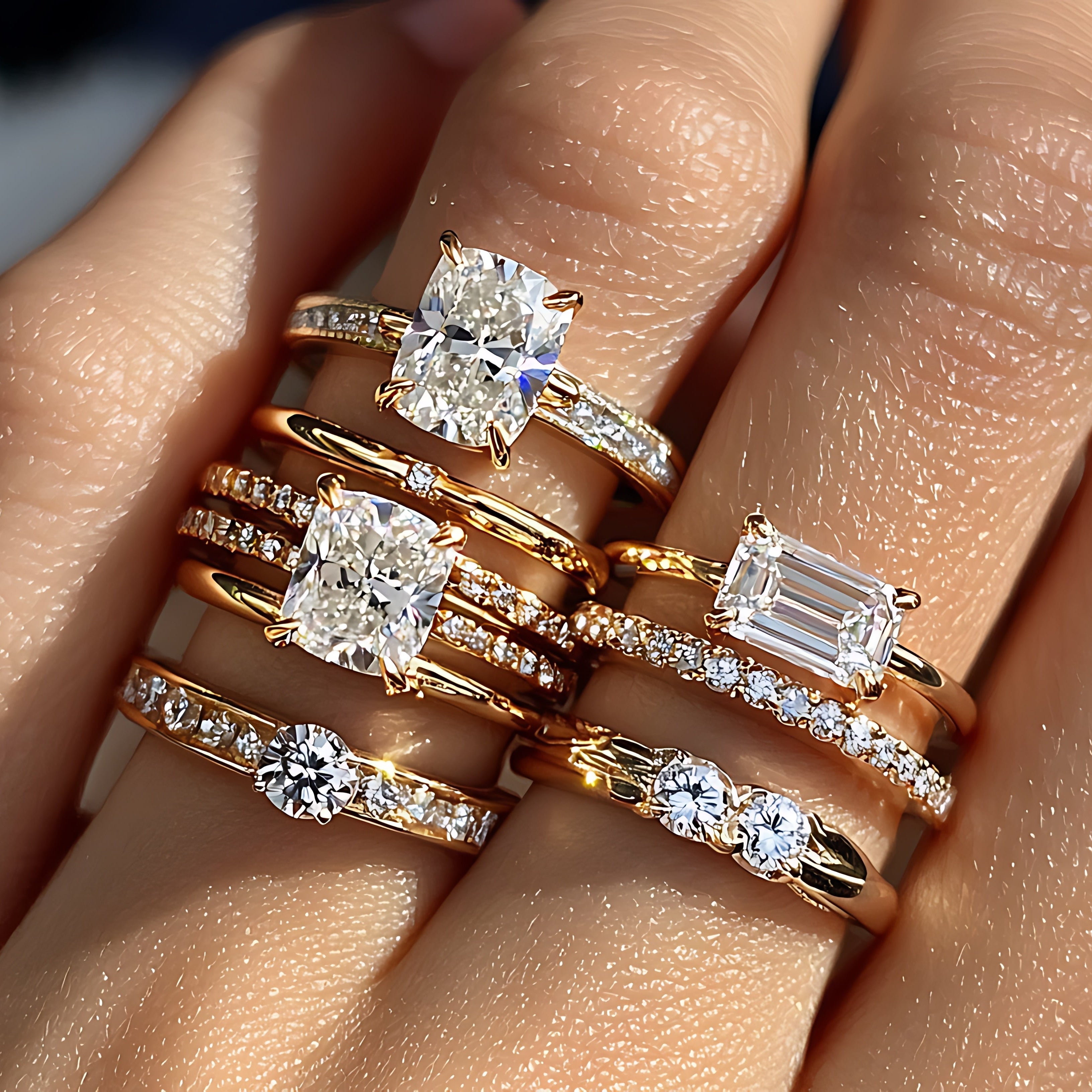 A close-up of a hand wearing five stacked gold rings with various diamond cuts and settings, including a princess-cut diamond, emerald-cut diamond, and round brilliant-cut diamonds.