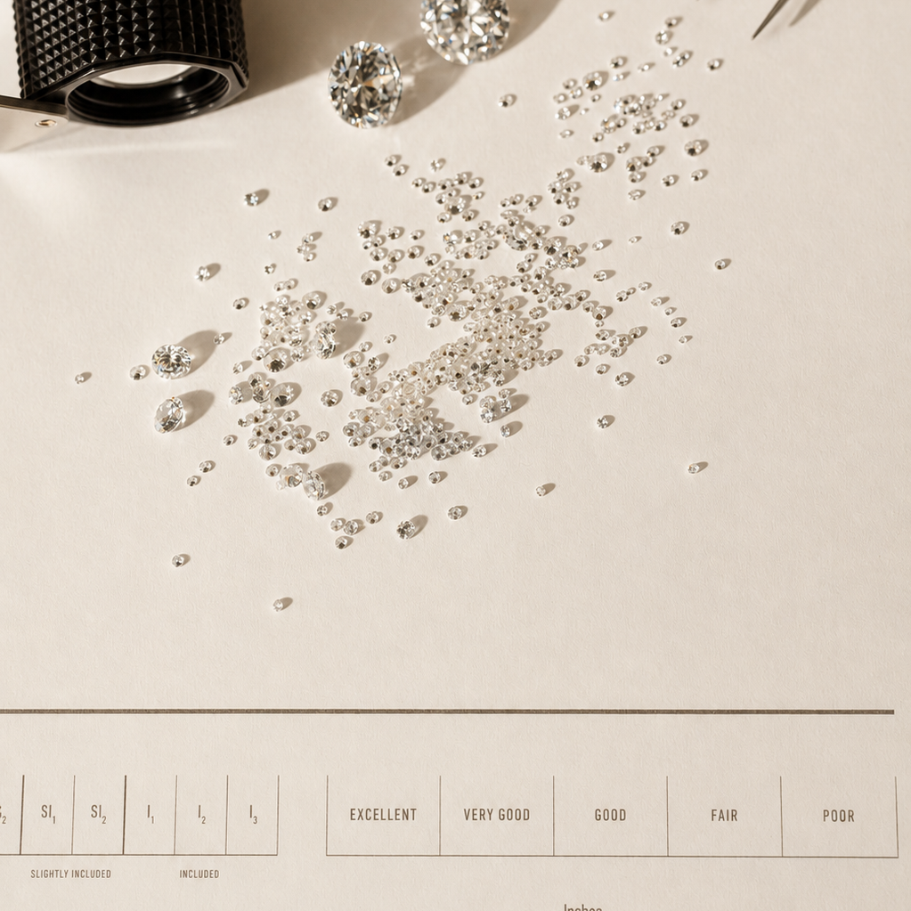 A top-down styled flat-lay showing loose clear gemstones scattered on a light beige surface, with tweezers at the top right, a black textured ring band at top left, and a gemstone clarity chart printed along the bottom.