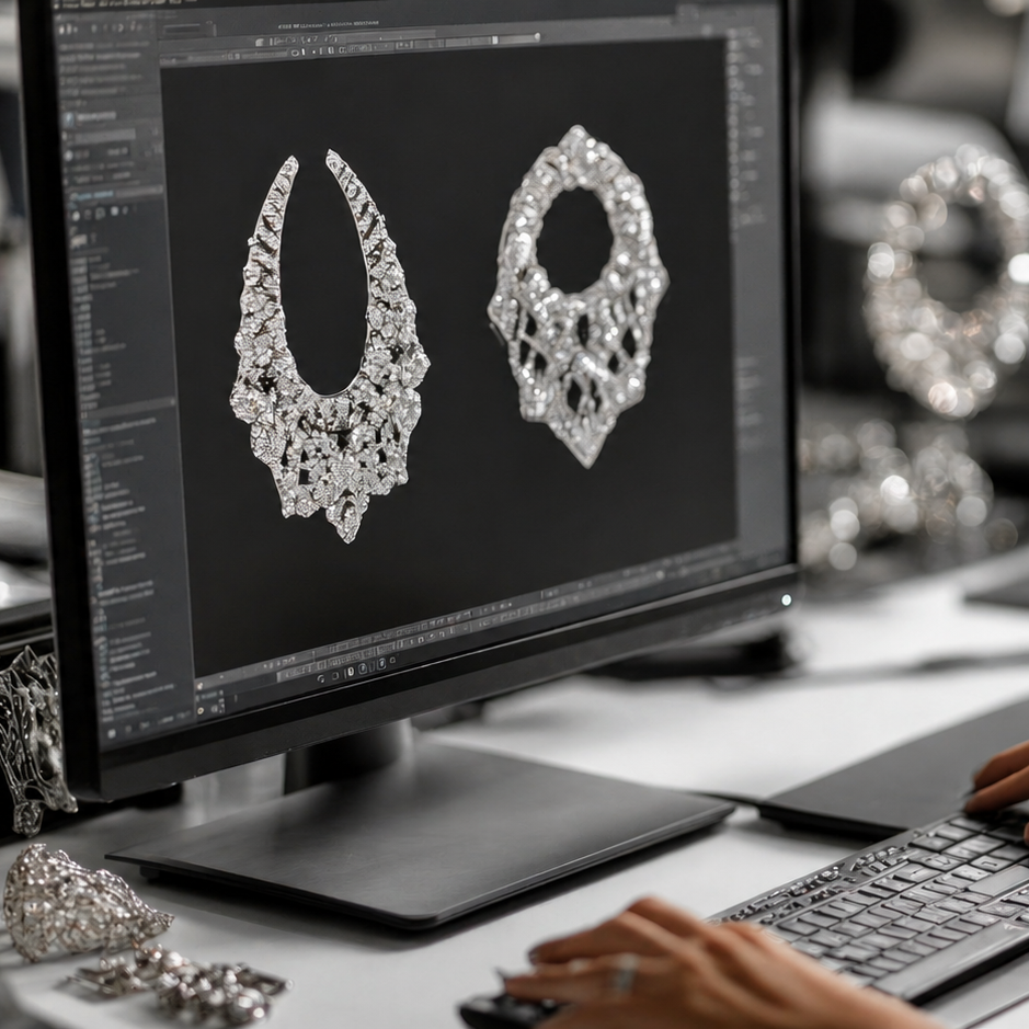 Person working on computer with jewelry design displayed on screen