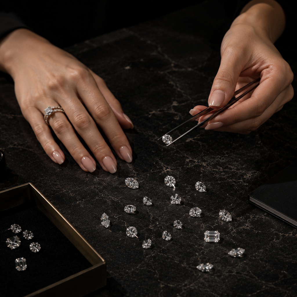 Person handling diamonds on a dark surface with a close-up view.