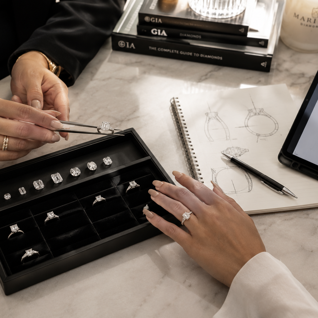Person examining jewelry in a display case with a GIA book and tablet in the background