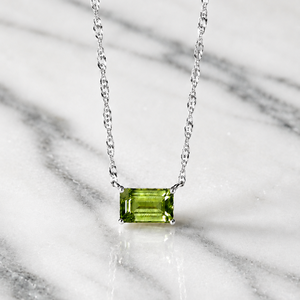 green peridot pendant on white gold chain