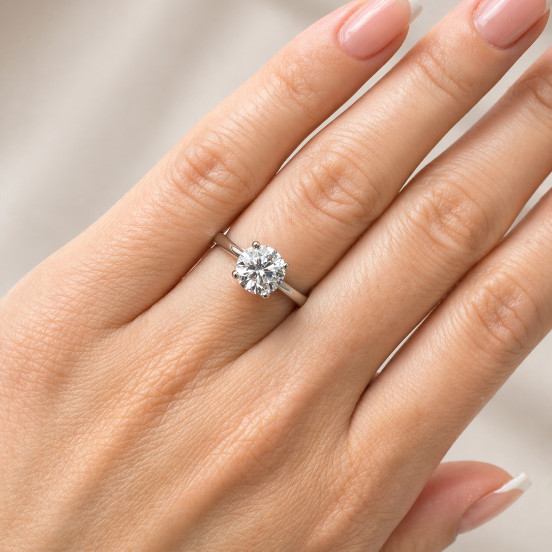 Diamond ring on a hand with a neutral background