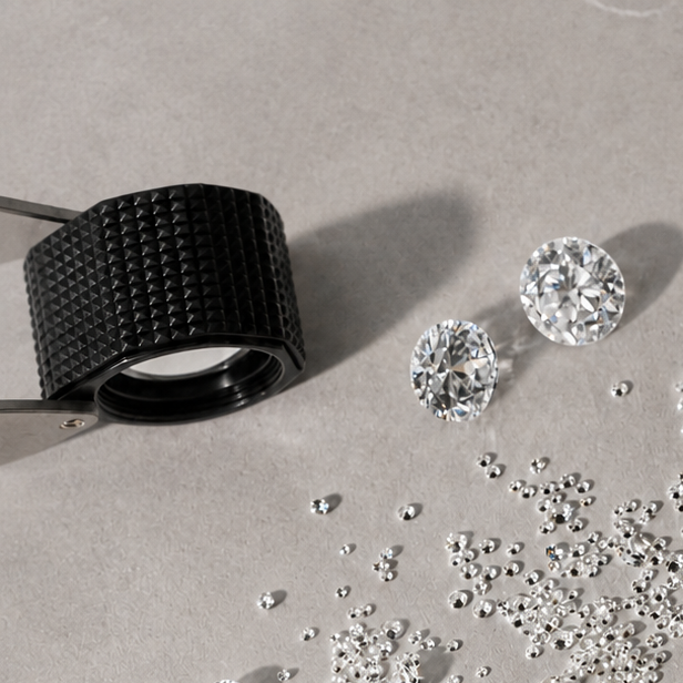 A styled flat-lay of jewelry-making tools and loose gemstones on a light gray surface, with a tray holding several rings and small metal components. No person, animal, or real environment is present, so this is Product/Packaging rather than Lifestyle.