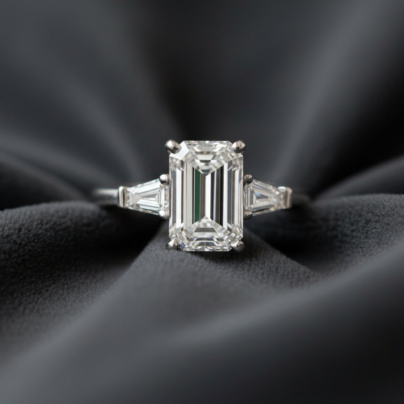 Diamond ring with emerald-cut center stone on a soft fabric background