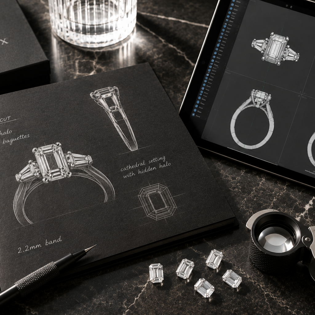 Jewelry design book with ring illustrations on a marble surface, featuring Marilex Diamonds branding.