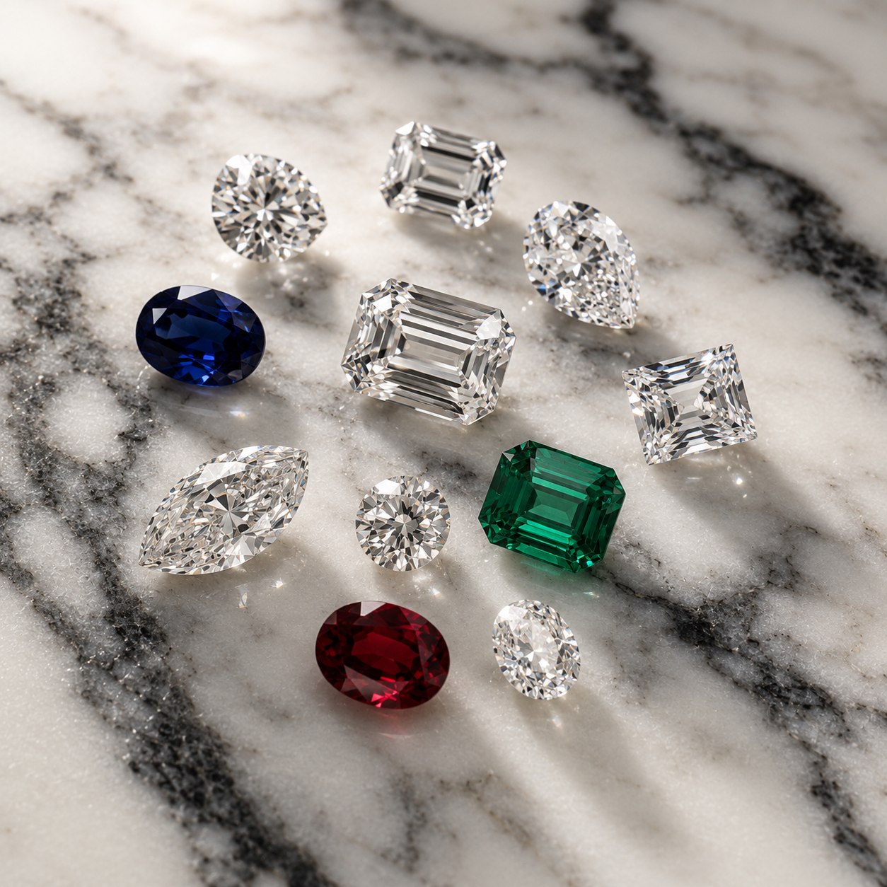 Collection of various gemstones including diamonds and sapphires on a marble surface