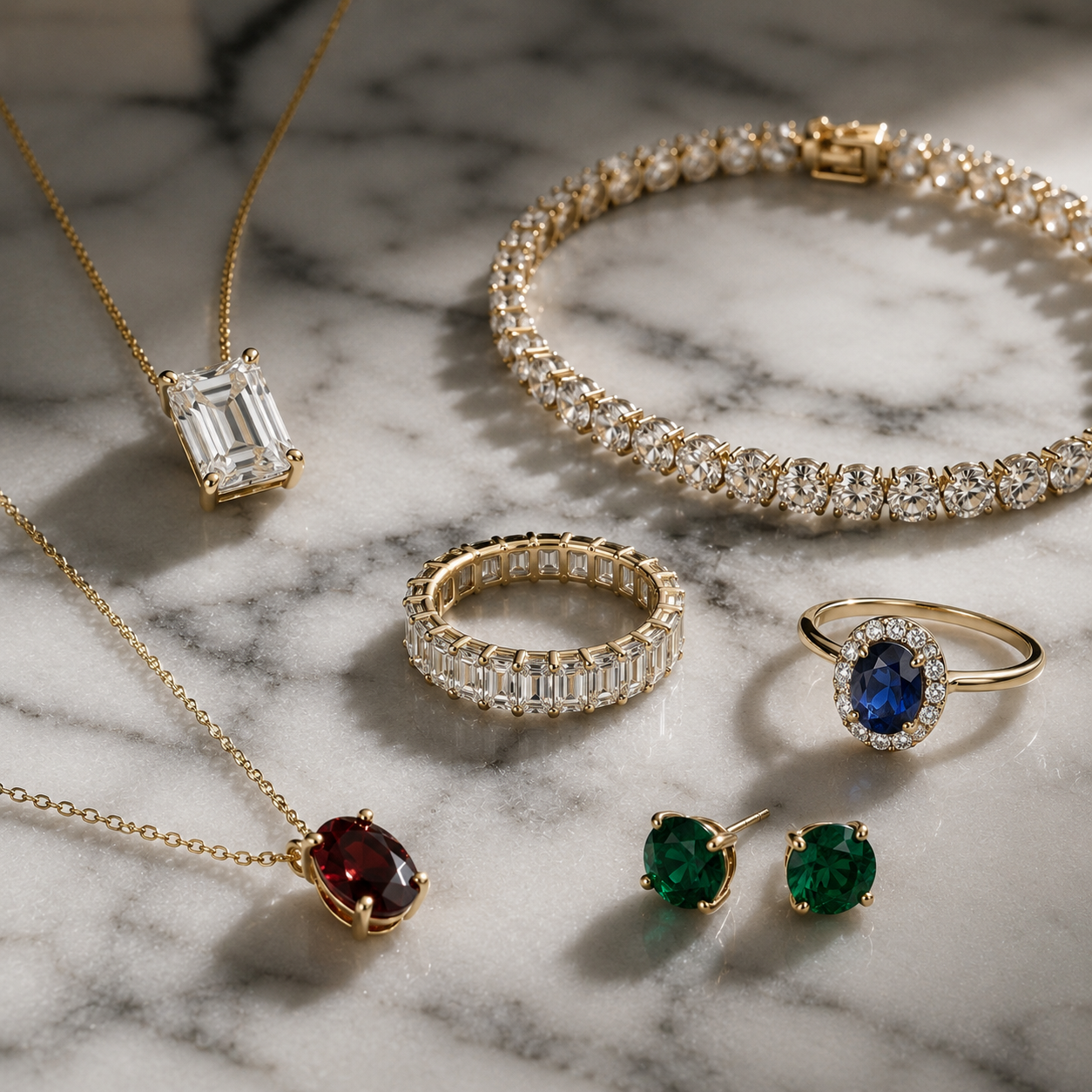 Gold jewelry set including necklace, bracelet, ring, and earrings on a marble surface