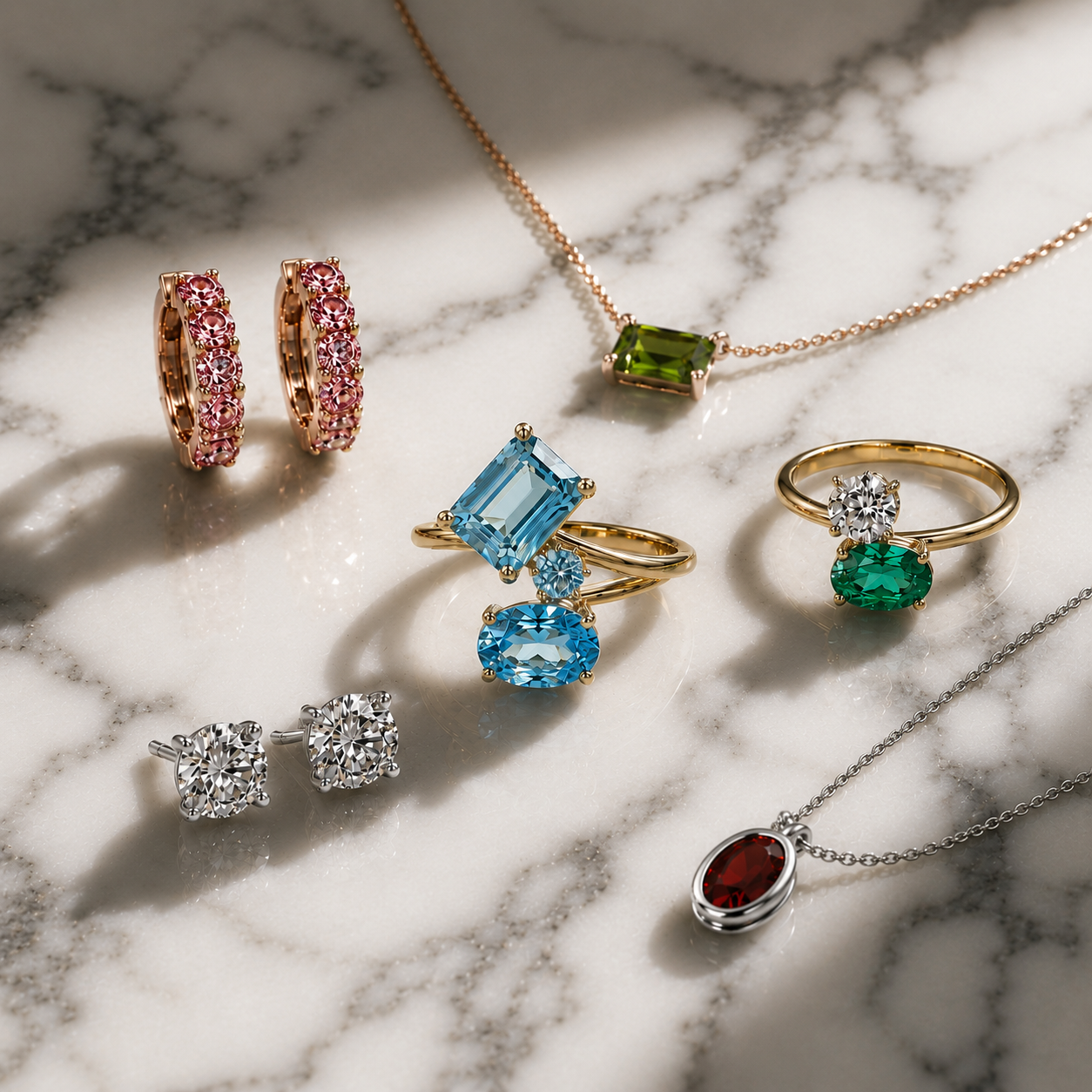 Collection of jewelry including rings, earrings, and necklaces on a marble surface
