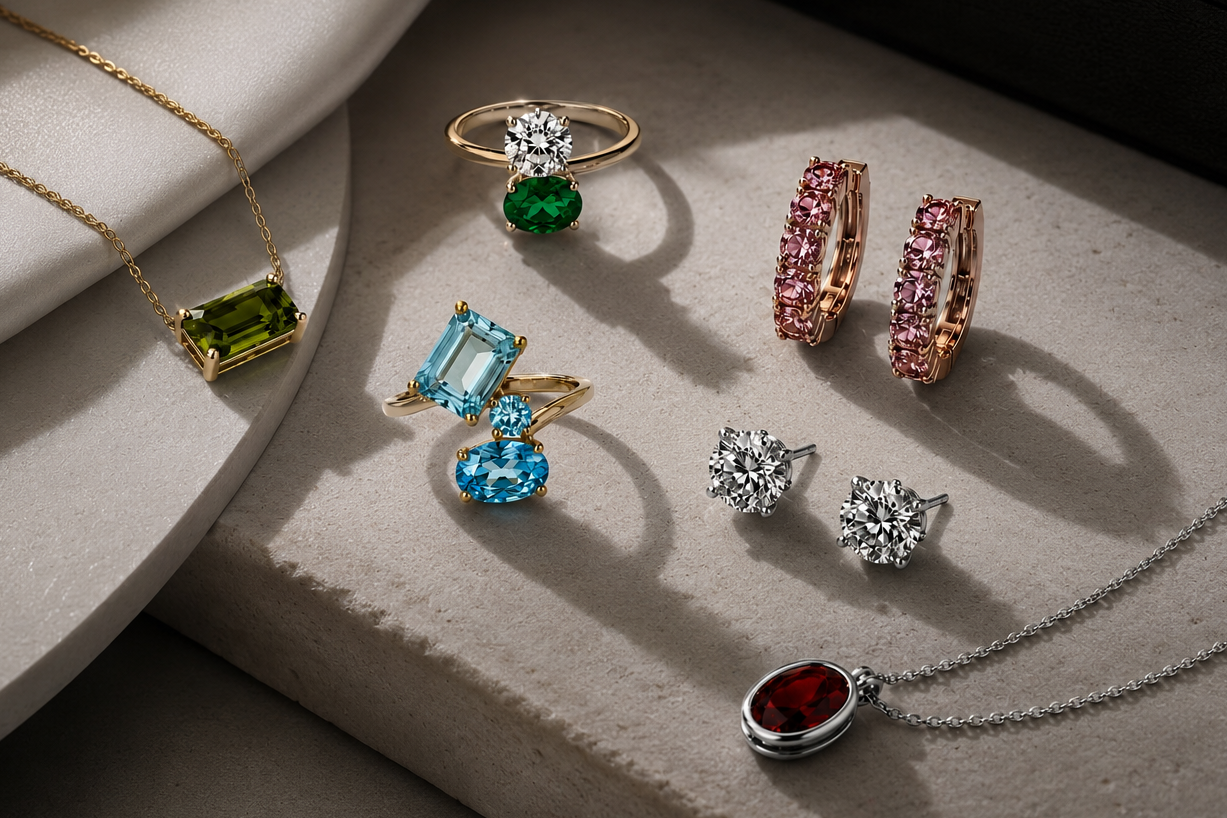 Collection of gemstone jewelry including rings, earrings, and necklaces on a textured surface.