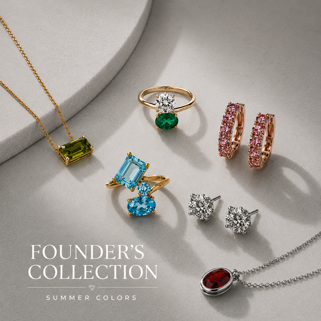 Jewelry set including necklace, ring, earrings, and bracelet on a light gray background with 'Founder's Collection Summer Colors' text.