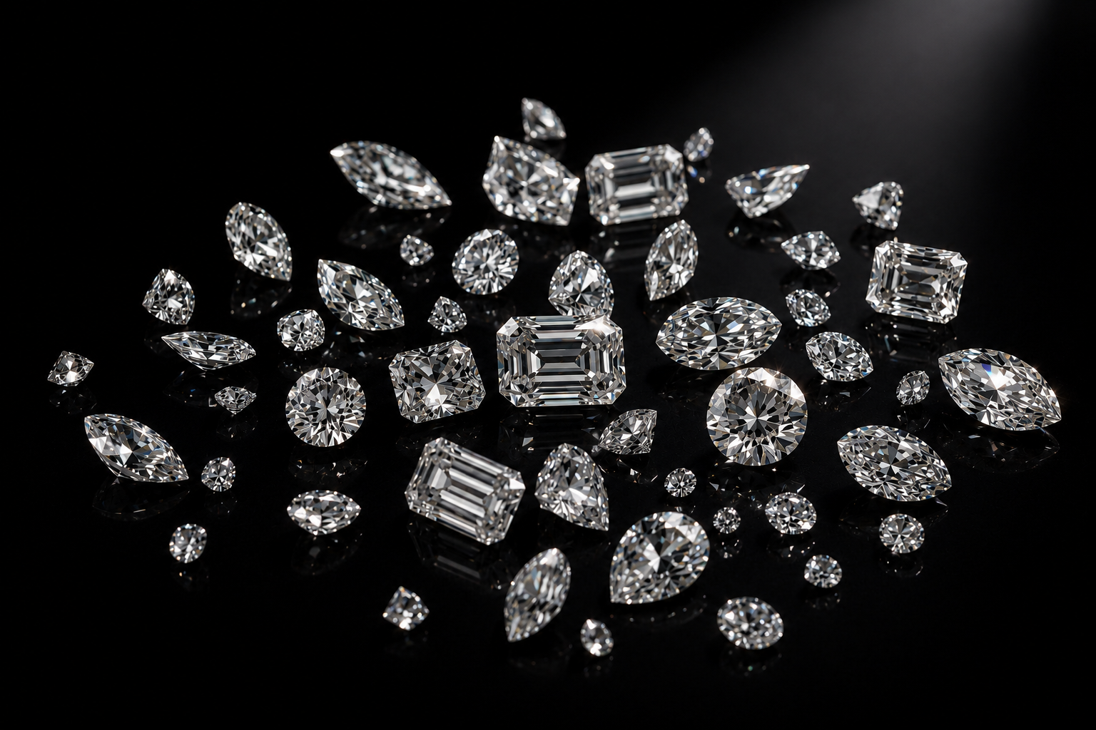 Collection of various cut diamonds on a black background