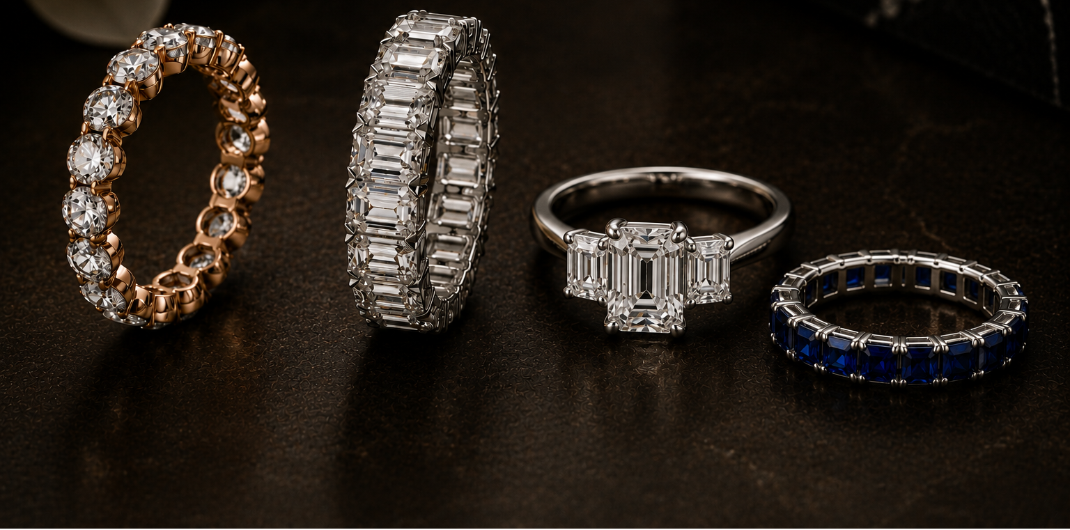 Four diamond rings with different designs on a dark surface