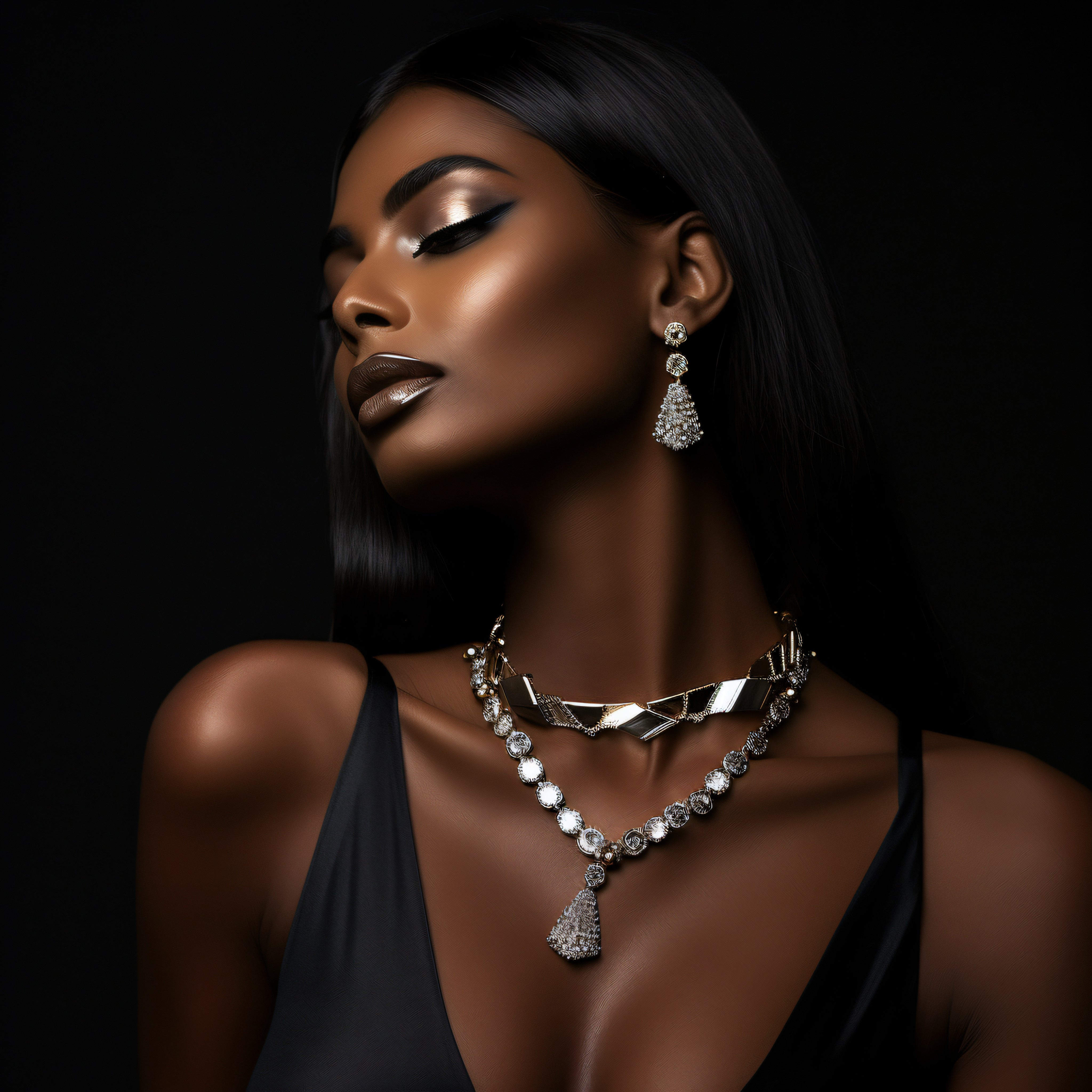 Woman wearing a necklace and earrings against a black background