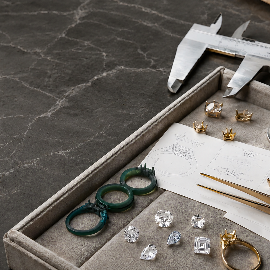 A styled flat-lay of jewelry-making tools and finished pieces on a dark gray marble surface. A gray fabric-lined tray holds silver rings, clear gemstones, green rings, tweezers, a metal cup, a caliper, and printed templates.