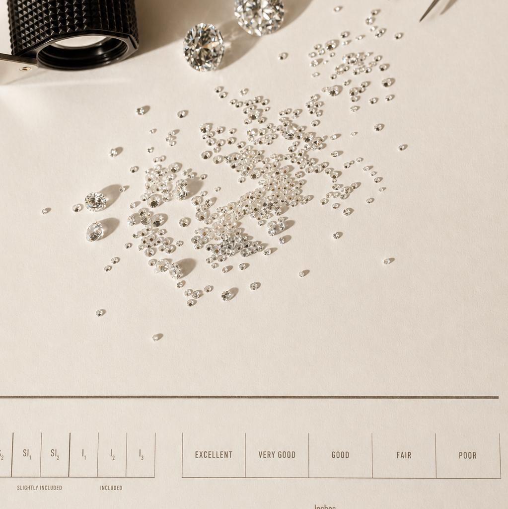 A top-down styled flat-lay showing loose clear gemstones scattered on a light beige surface, with tweezers at the top right, a black textured ring band at top left, and a gemstone clarity chart printed along the bottom.