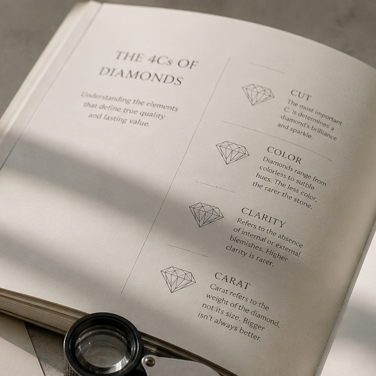A luxury flat-lay of a Marilex Diamonds brand kit on a light marble surface, featuring a black presentation box, an open informational booklet, a diamond identification loupe, tweezers, loose diamonds, and a pen.