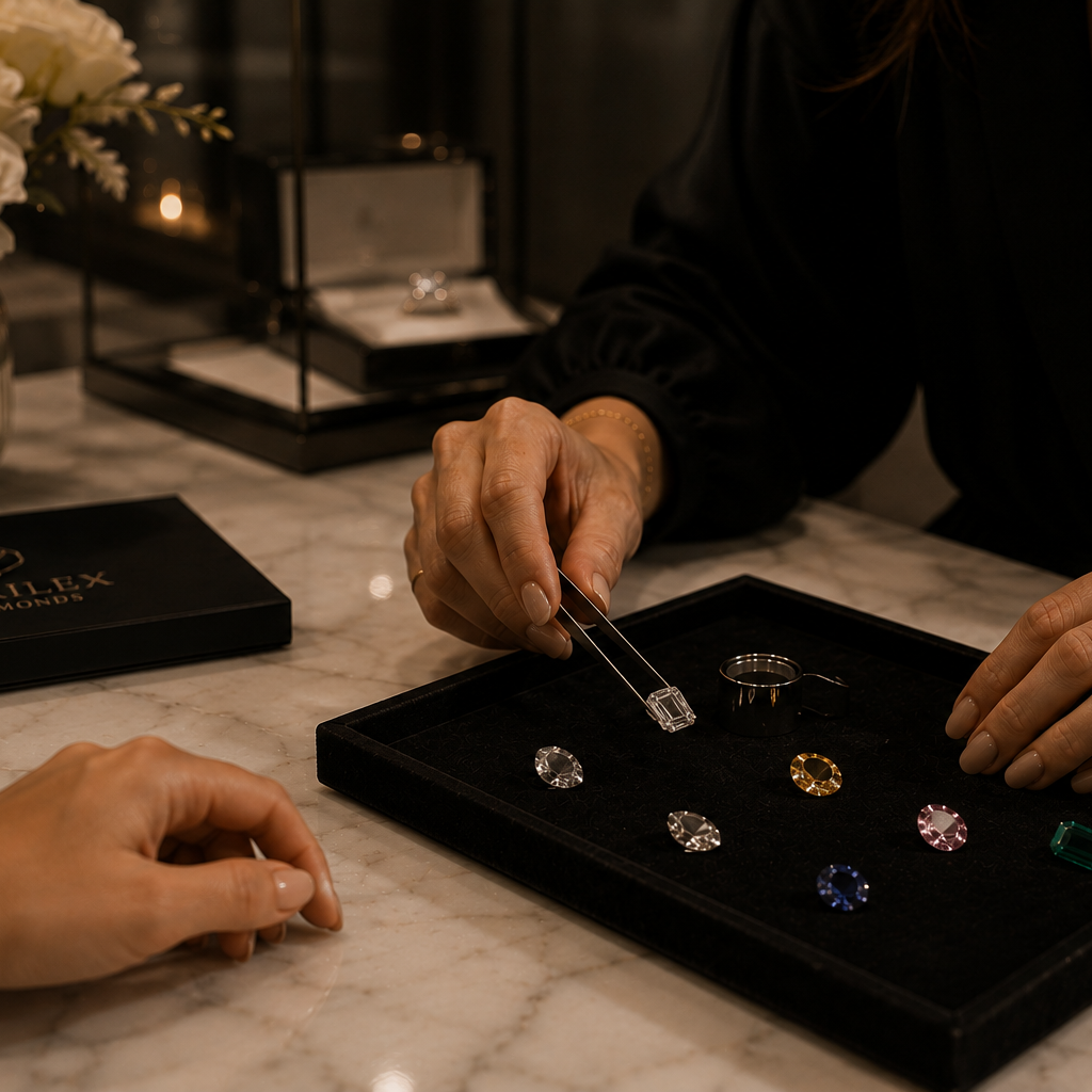 Two people examining jewelry on a display case with a Manfredi box in the background.
