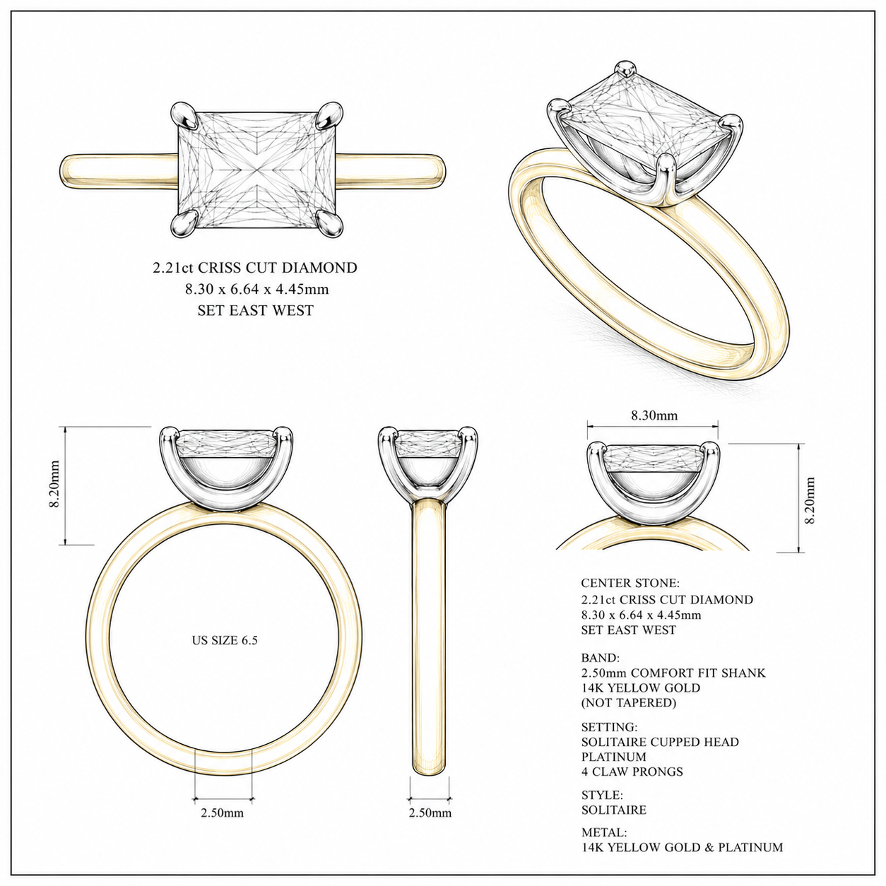 Diamond ring with measurements and specifications on a white background
