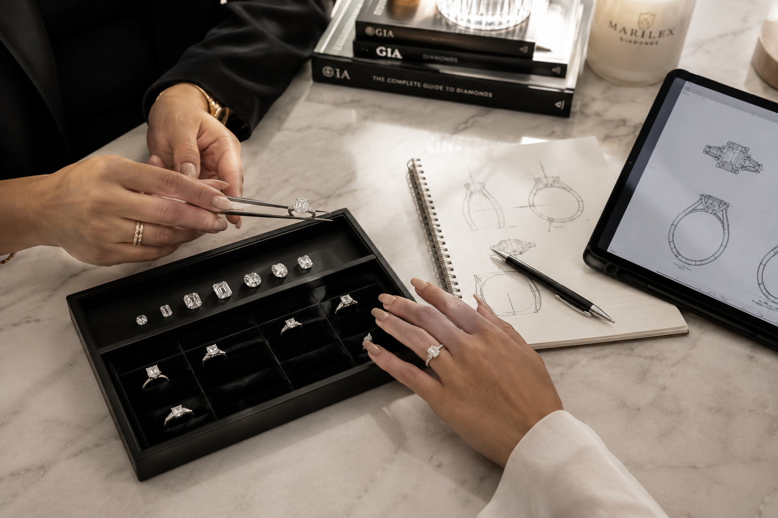 Person examining jewelry in a display case with a GIA book and tablet in the background