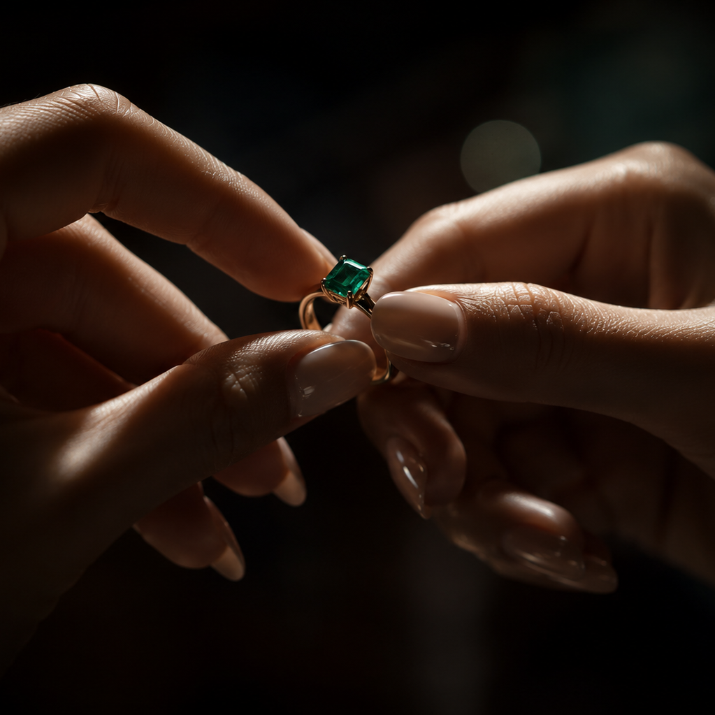 Close-up of hands holding a ring with a green gemstone against a dark background