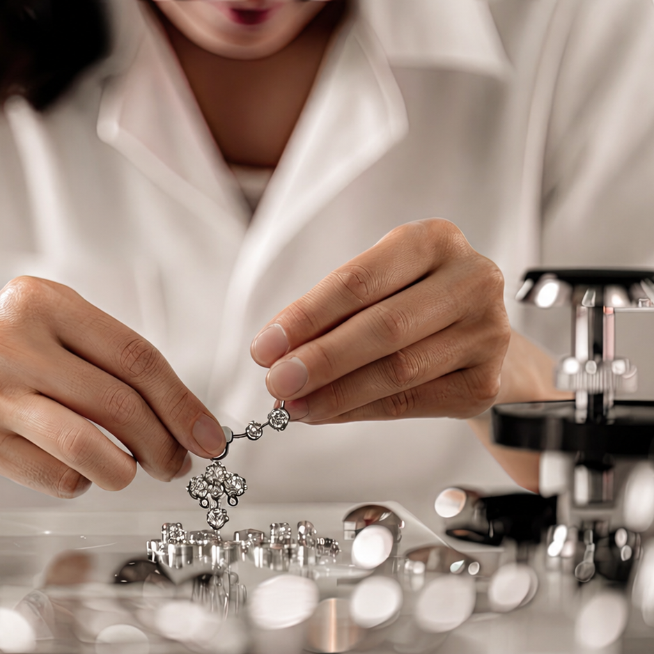 A close-up lifestyle shot of a jeweler wearing a white lab coat, carefully holding and setting a delicate silver-toned piece of jewelry on a workbench filled with tools and gemstones.