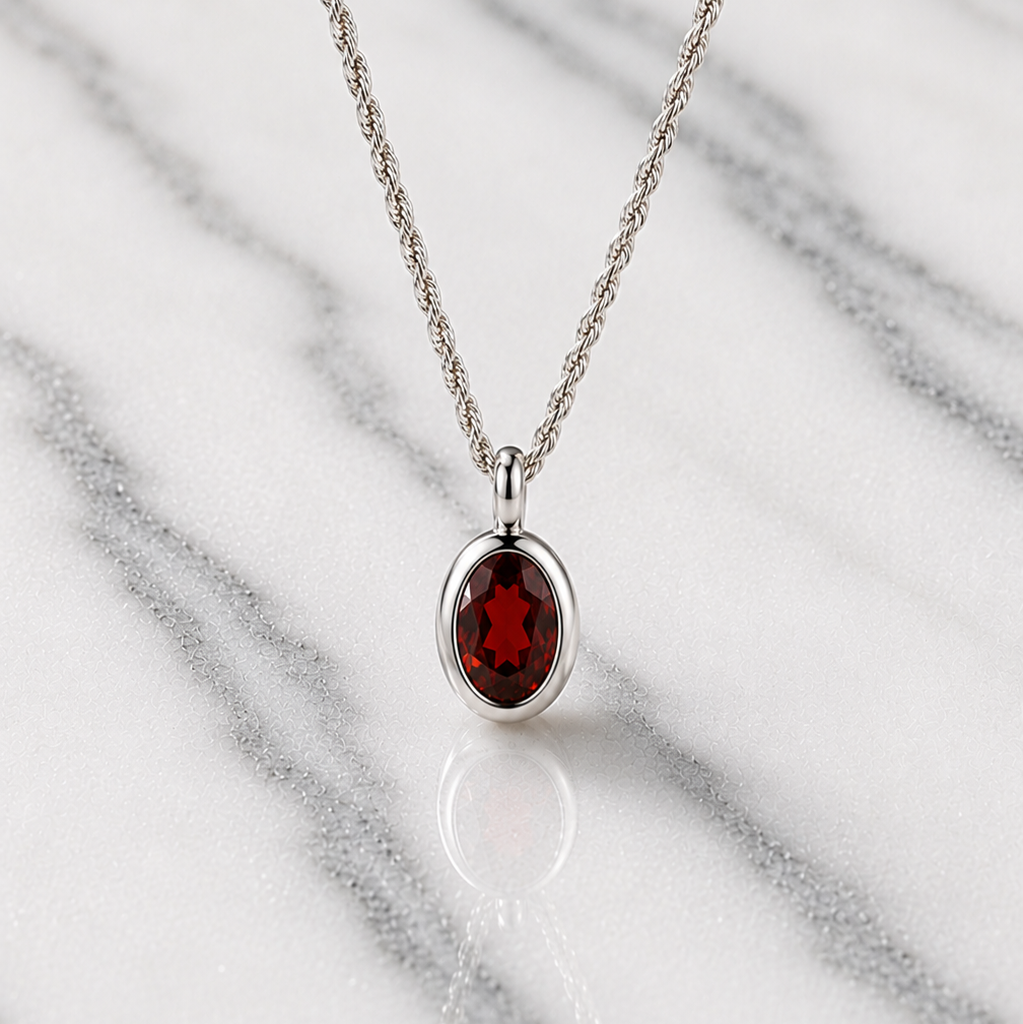 A silver chain necklace with an oval red gemstone pendant, displayed on a white marble surface with gray veining.