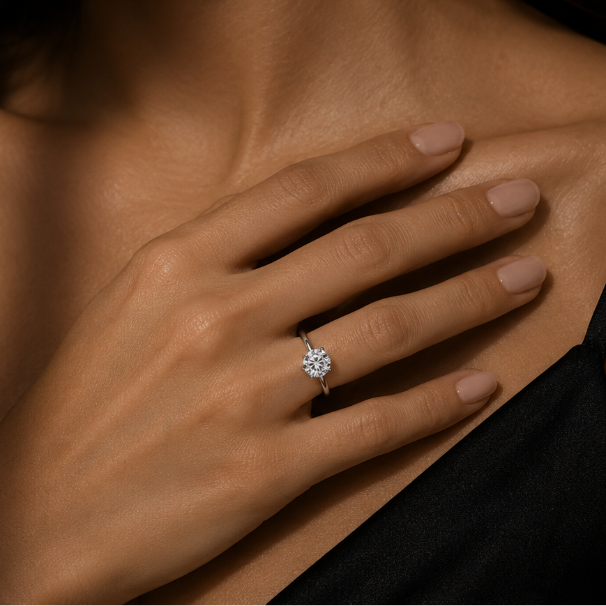 Close-up of a hand wearing a diamond ring on a dark background