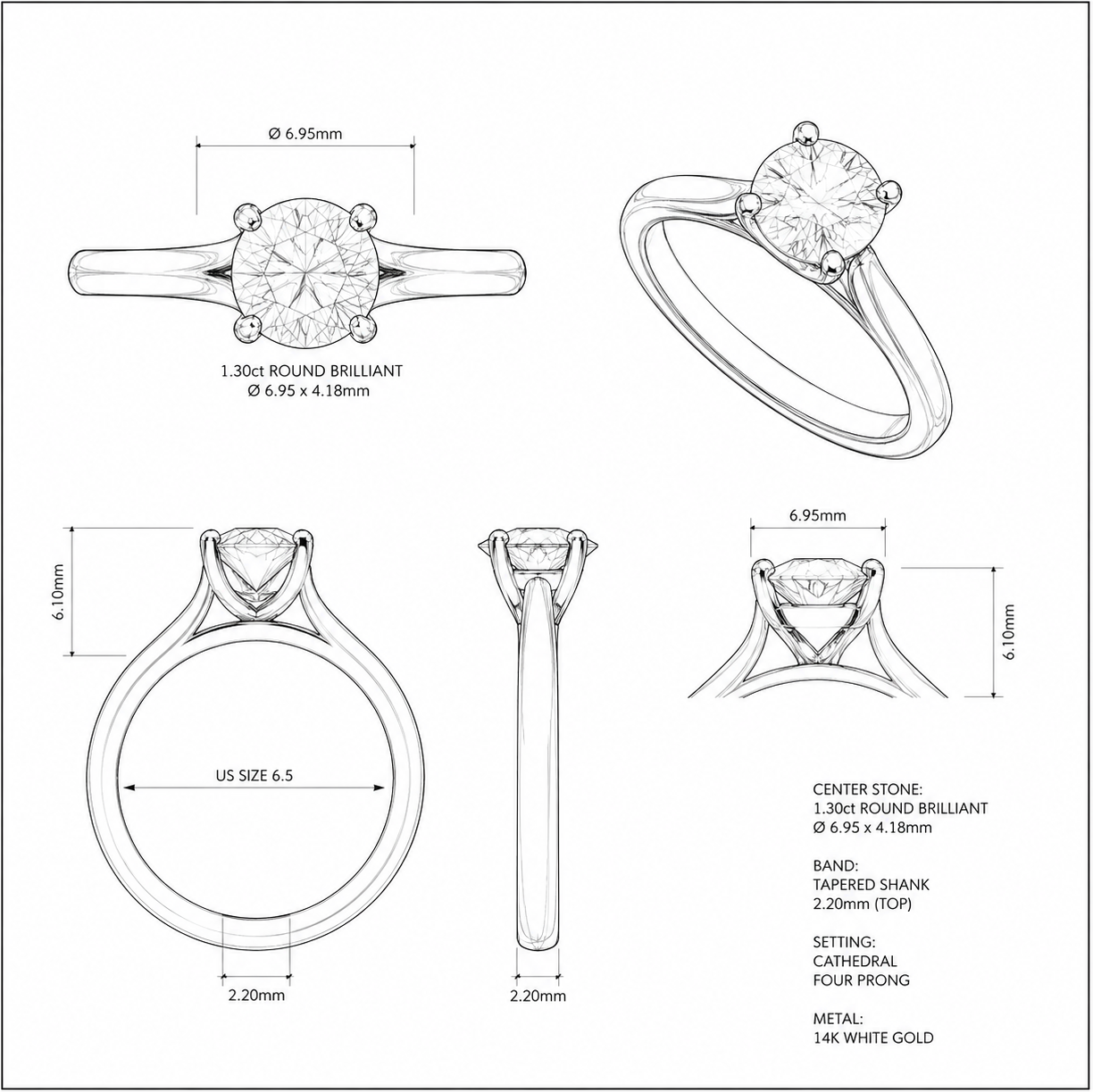 Technical drawing of a diamond ring with dimensions and specifications.