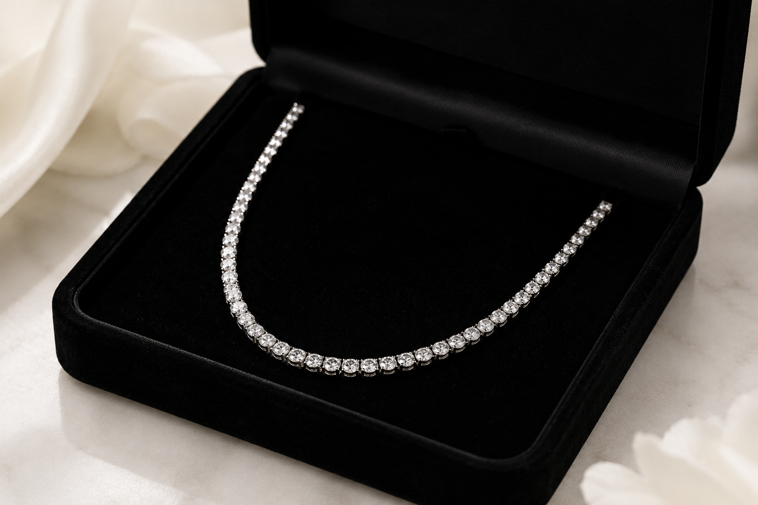 Diamond necklace in a black jewelry box on a white floral background