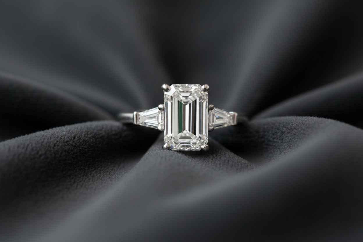 Diamond ring with emerald-cut center stone on a soft fabric background