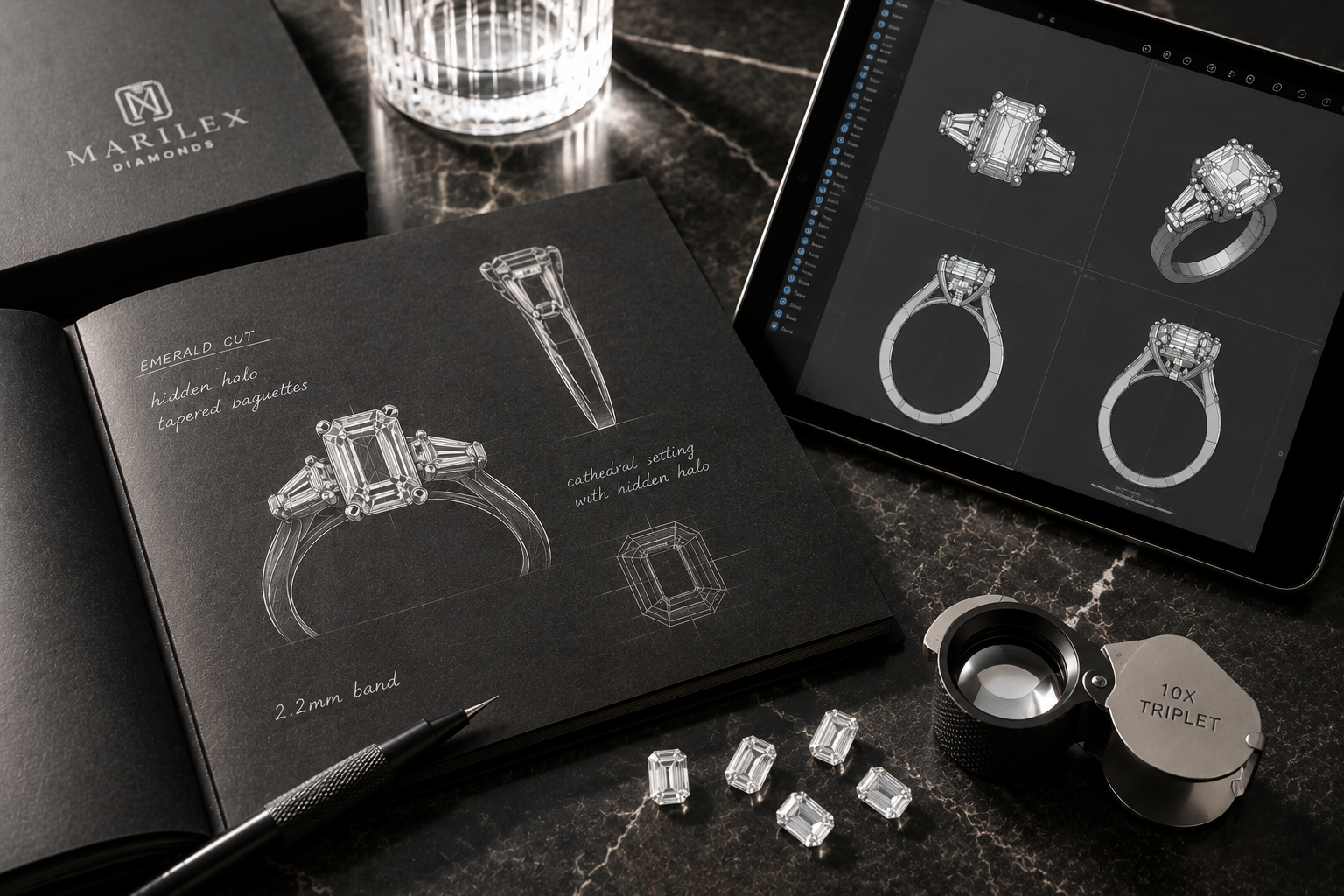 Jewelry design book with ring illustrations on a marble surface, featuring Marilex Diamonds branding.